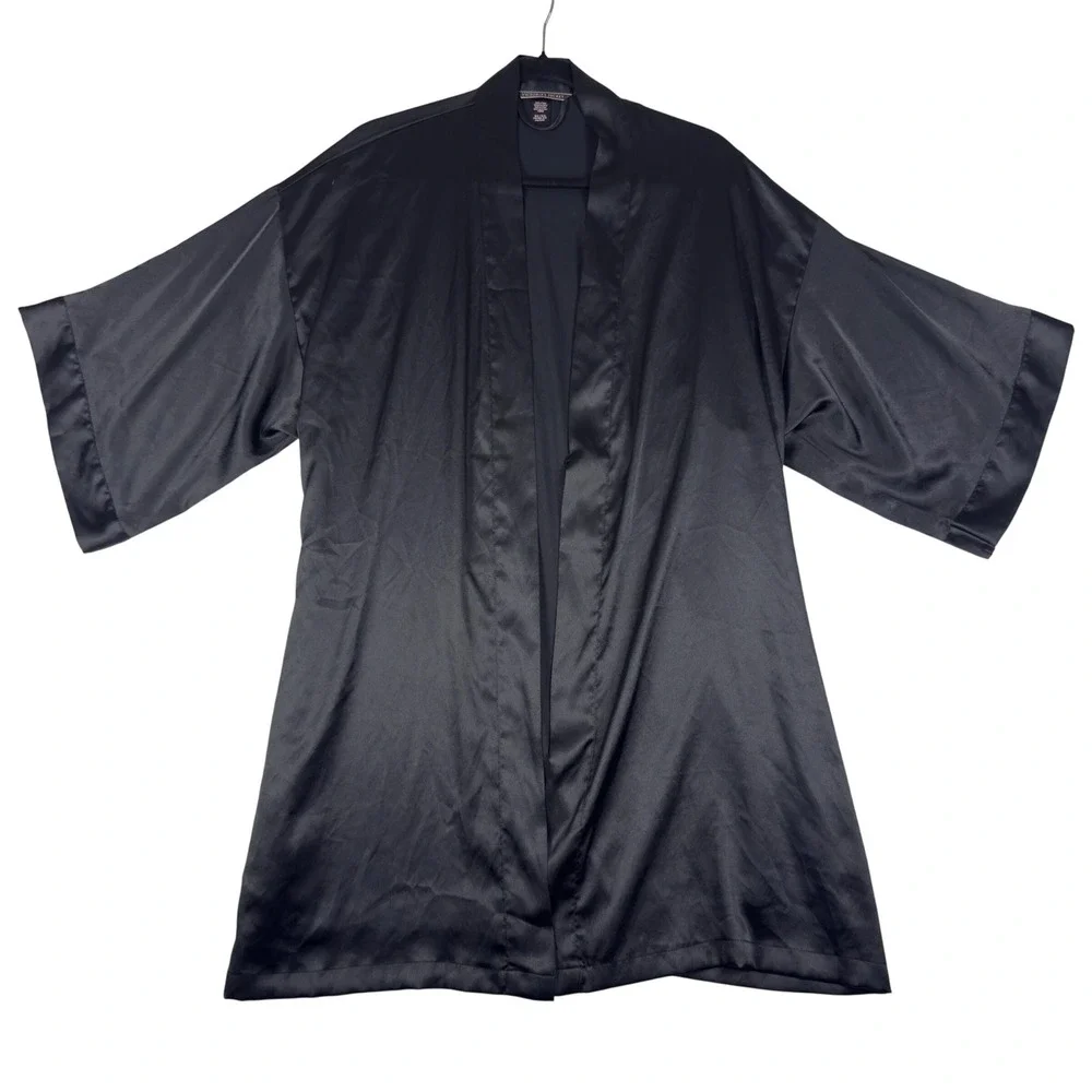 Victoria's Secret Black Satin Robe Kimono Short Wrap M/L Wedding Boudoir